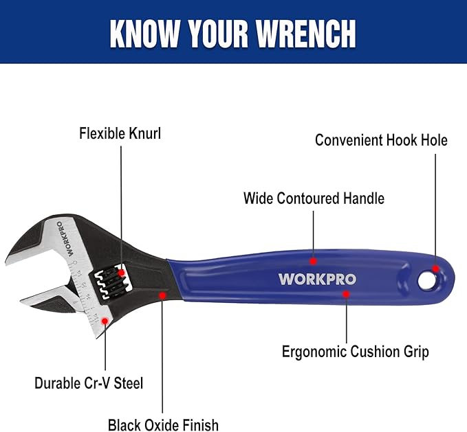 WORKPRO 10-Inch Adjustable Wrench, Cr-V Steel Wide Jaw Black Oxide Wrench, Metric & SAE Scales, for Home, Garage, Workshop and DIY