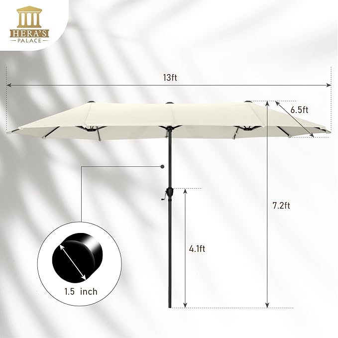 HERA'S PALACE 13 Ft Double-Sided Twin Patio Umbrella, Outdoor Double Sided Market Patio Umbrella with Crank, Powerful UV Protective (Ivory)