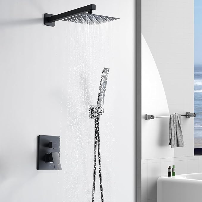 Matte Black Shower Head and Handle Set 8 Inch, Rain Shower Head with 2 Hooks, Luxury Rain Shower Set Square Wall Mount for Bathroom with Rain Shower and Handheld Shower System