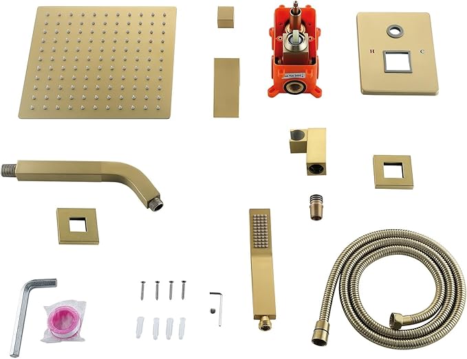 JOYWELL Shower Faucet Brushed Gold Shower System 8 Inches Rain Shower and Handheld Shower Combo,2-Function Shower Fixtures Included Shower Trim Kit