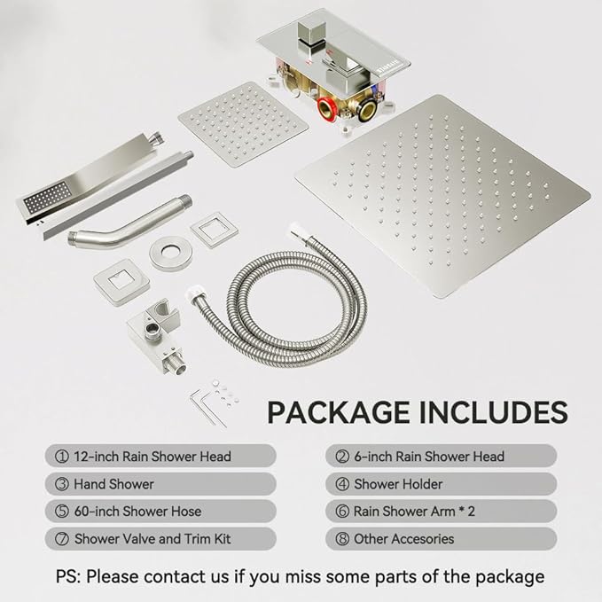 Shower Faucet Set Brushed Nickel Shower System, STARBATH 12+6" Double Rain Shower Head and Handheld Spray for Two Person, Wall Mounted 3 Way Shower Valve with 5 Diverter and Trim Kit Complete