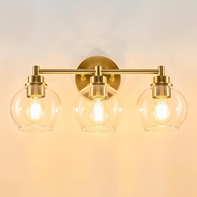VONLUCE Bathroom Light Fixtures, 3-Light Bathroom Vanity Light with Globe Glass Shades E26 Sockets, Vanity Lights Over Mirror for Bedroom Hallway Living Room, Gold Finish