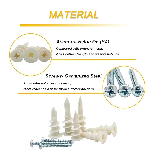 3 Sizes Self Drilling Drywall Anchors, 166PCS Nylon Plastic Wall Anchors and Screws for Drywall, No Pre Drill Hole Preparation Required,13x32mm,15x33mm,13x42mm