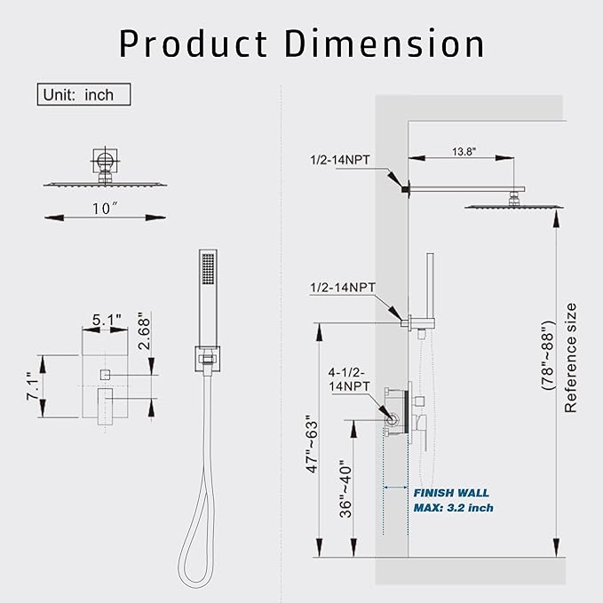Alesco Shower System, Black Shower Faucet Set with 10-Inch High-Pressure Rainfall Showerheads and Handheld Spray combo, Showerfixture Include Valve and Trim Kit, Matte Black