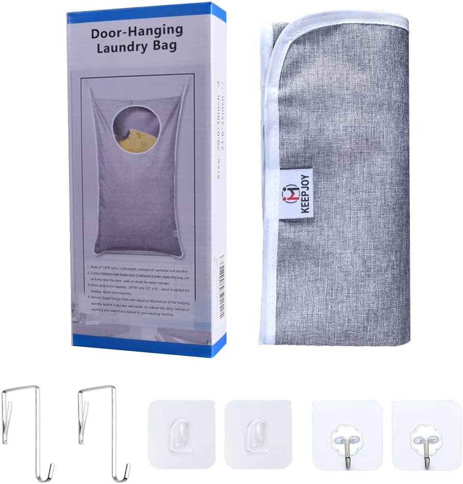 KEEPJOY Hanging Laundry Hamper Bag with Free Adjustable Stainless Steel Door 2 PCs Suction Cup Hooks, Best Choice for Holding Dirty Clothes and Saving Space, Grey