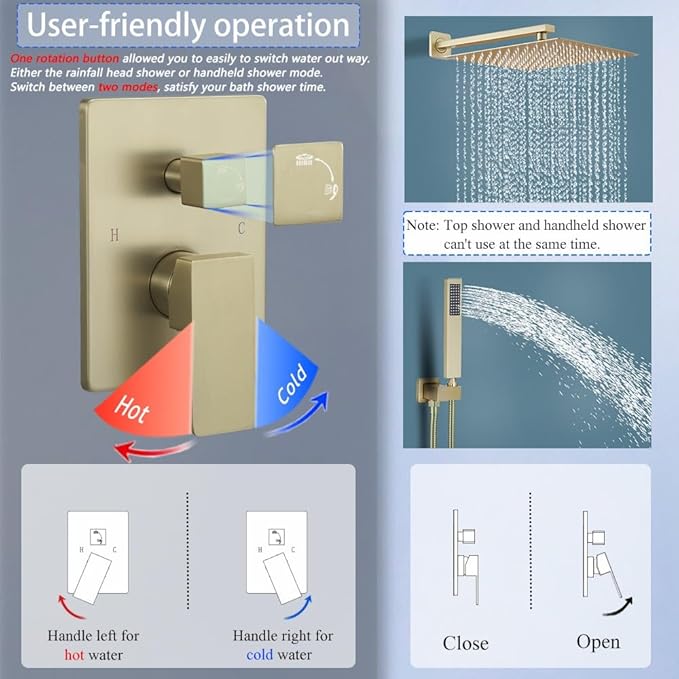 Shower Faucet Set 16 Inch Wall Mount Rain Shower System, All Metal Shower Fixtures - Brushed Gold