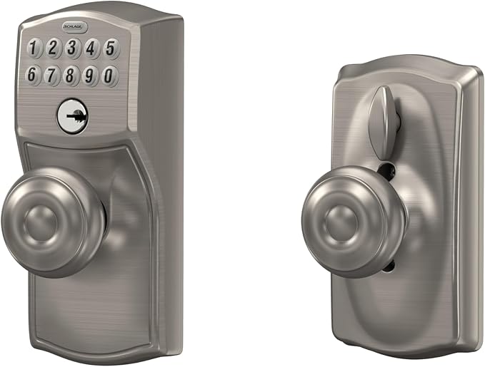 SCHLAGE FE595 CAM 619 GEO Camelot Keypad Entry with Flex-Lock and Georgian Style Knobs, Satin Nickel