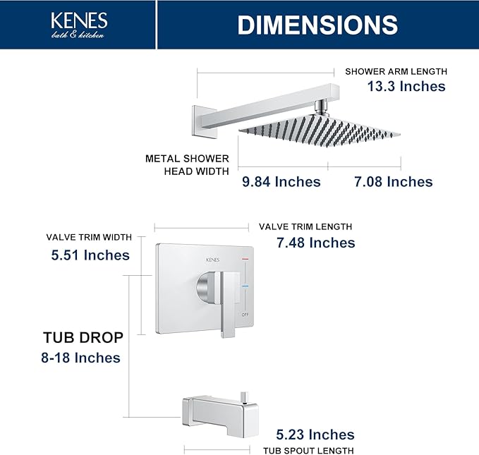 KENES Polished Chrome Tub and Shower Trim Kit, Shower Faucet with 8-Inch Rain Shower Head, Modern Single-Spray Shower Faucet Set, KE-6024A-5 (Shower Valve Included)