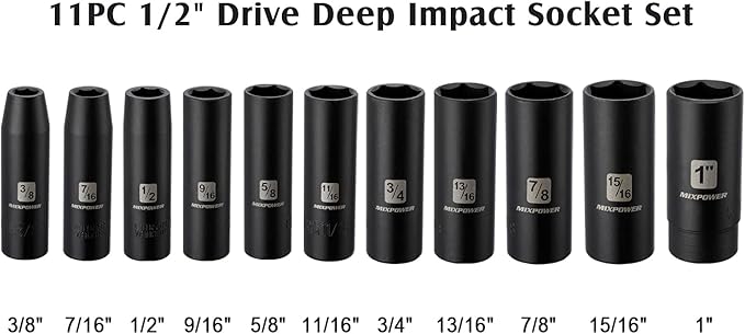 MIXPOWER 11 Pieces 1/2-Inch Drive Deep Impact Socket Set, 3/8-Inch to 1-Inch, CR-V, SAE, 6 Point, Deep, 11 Pieces 1/2" Dr. Socket