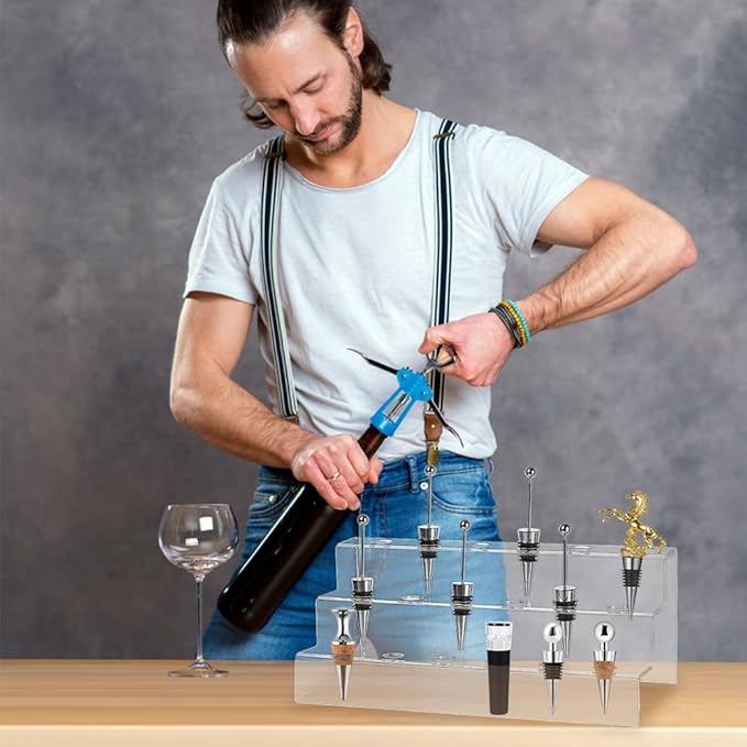 NBEADS 18-Hole 3-Tier Wine Bottle Stopper Display, 4.84x11.89x5.71 Inch Clear Acrylic Wine Bottle Stopper Display Stairs Inner 1.9cm/0.75 Wine Stopper Display Stand Rack for Countertop