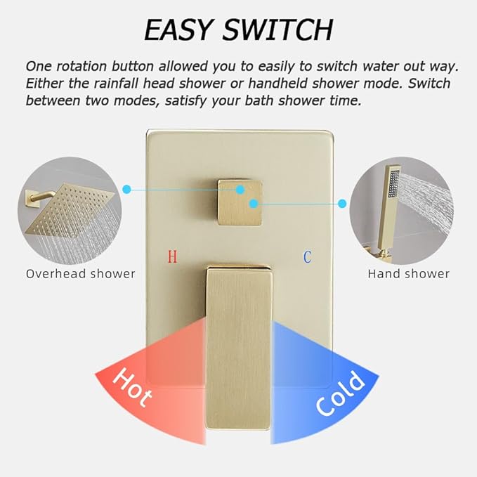 Brushed Gold Shower System, 8 Inch High Pressure Rain Shower with Handheld, Wall Mount Shower Faucet Set for Bathroom, Rough-in Valve Body and Trim Included