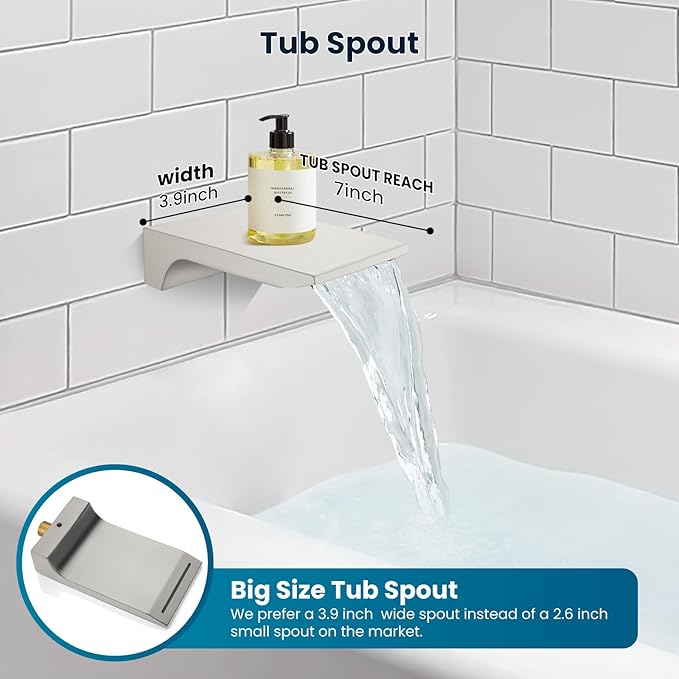 gotonovo Shower System with Tub Spout,Waterfall Tub Shower Faucet Set for Bathroom Head and Handle Set Wall Mounted 3 Function Rough-in Valve and Trim Included 10 inch Shower Head Brushed Nickel