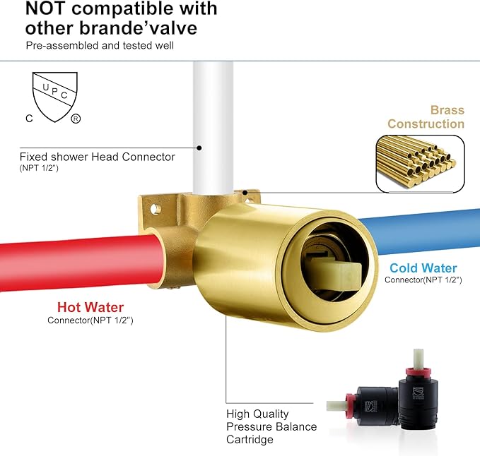 KENES Brushed Gold Shower Faucet, Modern Square Shower Trim Kit with Single-Spray Gold Shower Head, Wall Mount, KE-6024B-4 (Including Shower Valve)