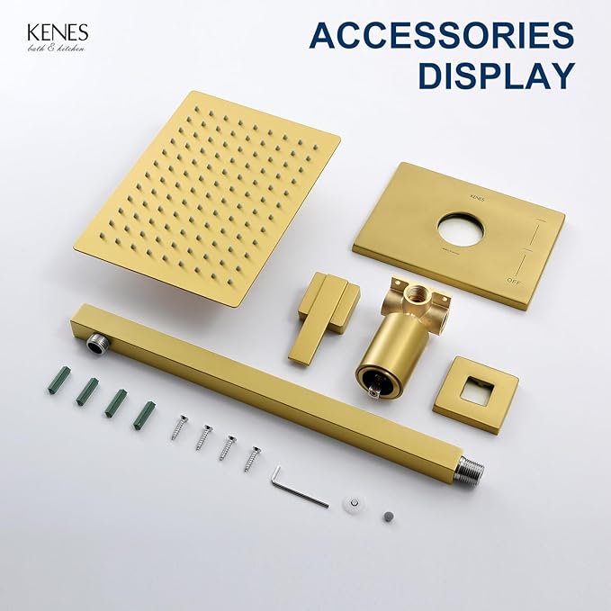 KENES Brushed Gold Shower Faucet, Modern Square Shower Trim Kit with Single-Spray Gold Shower Head, Wall Mount, KE-6024B-4 (Including Shower Valve)