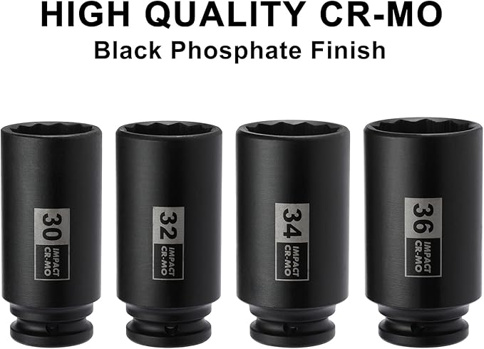 Mayouko 4PCS 1/2" Drive Deep Axle Nut Impact Socket Set, CR-MO, 12 Point Design, Metric, 30,32,34,36mm, 1/2 Inch Extra Deep Impact Socket