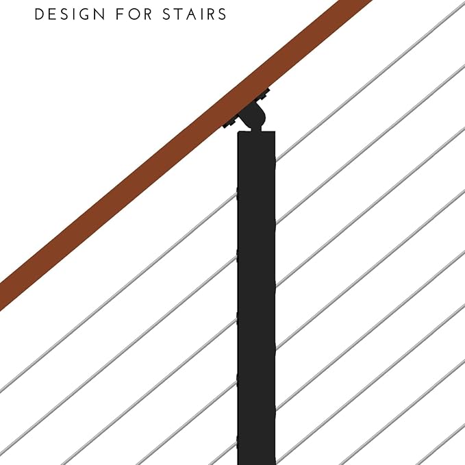 Cable Railing Post for Steps - Stainless Steel Square Fence Post for Deck Stair Cable Railing System,30°Angle Adjustable Top 36"x 2"x 2" Matte Black 10 Holes Pre-Drilled