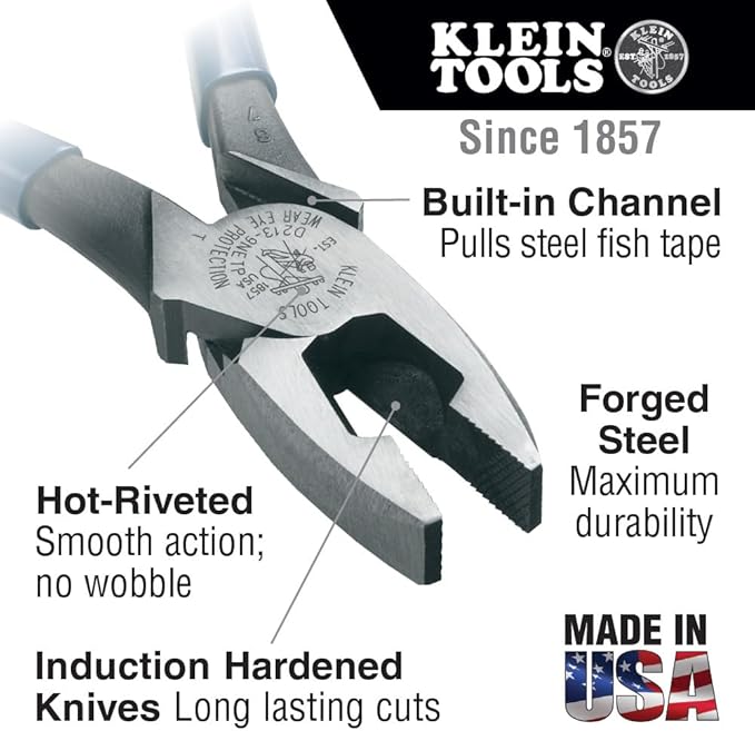 Klein Tools D2000-9NETP Lineman's Fish Tape Pulling Pliers, Made in USA, High Leverage Design with Handle Tempering for comfort when Cutting, 9-Inch