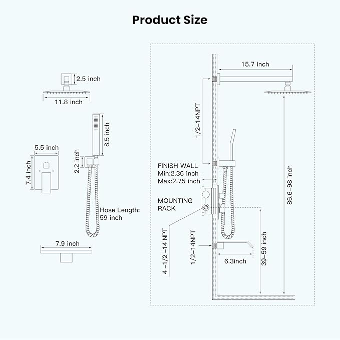 gotonovo Rain Shower Faucet System Set Rainfall Shower Head with Handheld Sprayer Waterfall Tub Spout Wall Mounted Mixer Combo Rough-in Valve and Trim Included 12 Inch Showerhead Matte Black