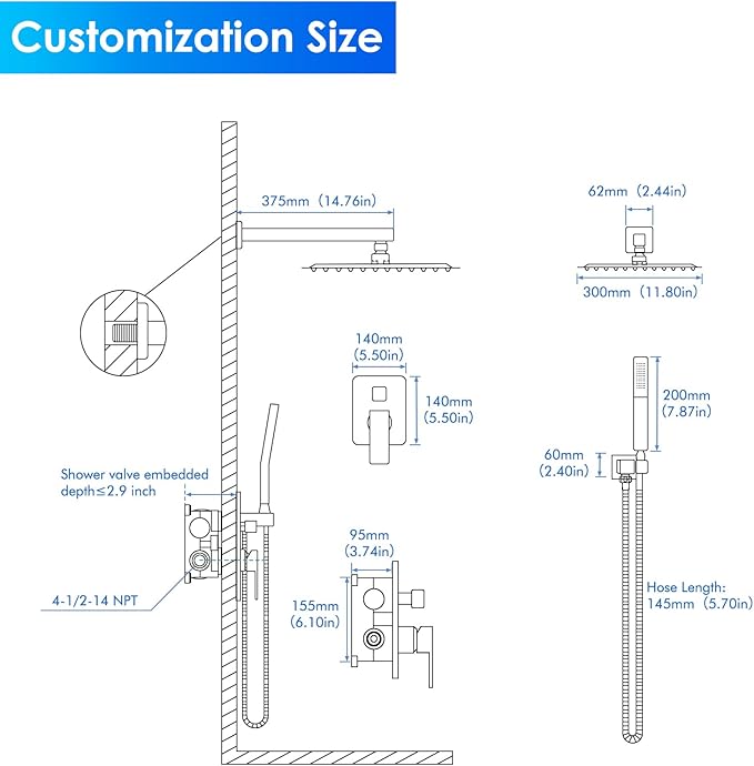 Shower Faucet Set - 12" Brushed Nickel Shower Head and Handle Set : Ceiling Rainfall Shower System with Square Rain Shower Head and High Pressure Handheld Spray Combo, Shower Valve and Trim Kit