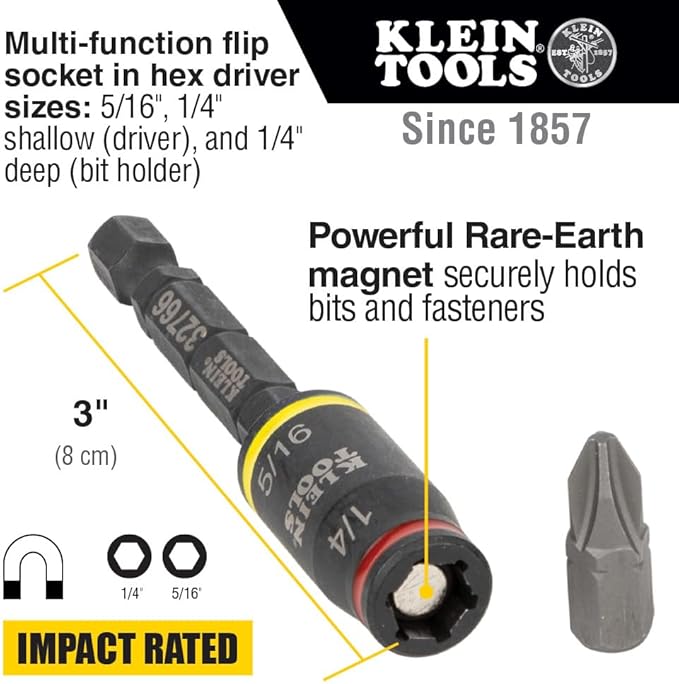Klein Tools 32308F Impact Driver Set, 10-in-1 Stubby Driver Set, Hex Flip Socket, 7 Bits, 1/4-Inch Deep Bit Holding Feature, 10-Piece