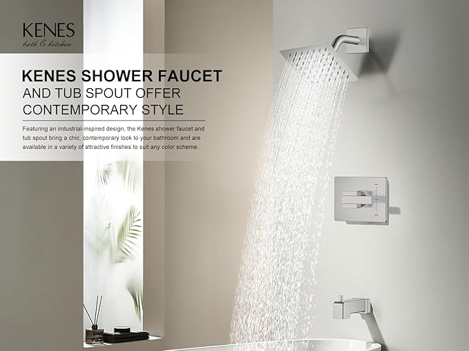 KENES Brushed Nickel Tub and Shower Trim Kit, Shower Faucet with Single-Spray Rain Shower Head, Square Stainless Shower Faucet Set, KE-6025A (Shower Valve Included)