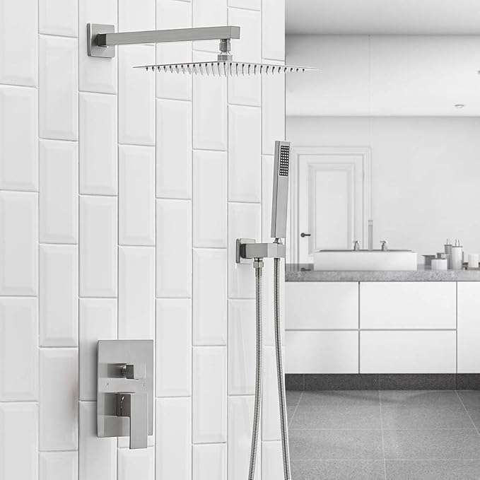 BWE 16 Inch Square Bathroom Luxury Rain Mixer Shower Combo Set Shower Kit Wall Mounted Rainfall Shower Head System Brushed Nickel Shower Faucet Rough-in Valve Body and Trim Included