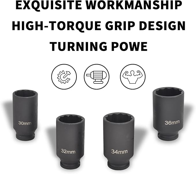 4Pcs 1/2" Drive Deep Impact Socket Set 12 Point Metric 30mm 32mm 34mm 36mm Drive Spindle Axle Hub Nut Socket Set,Heavy Duty with Portable Storage Case,Use In Removing And Installing Axle Nuts