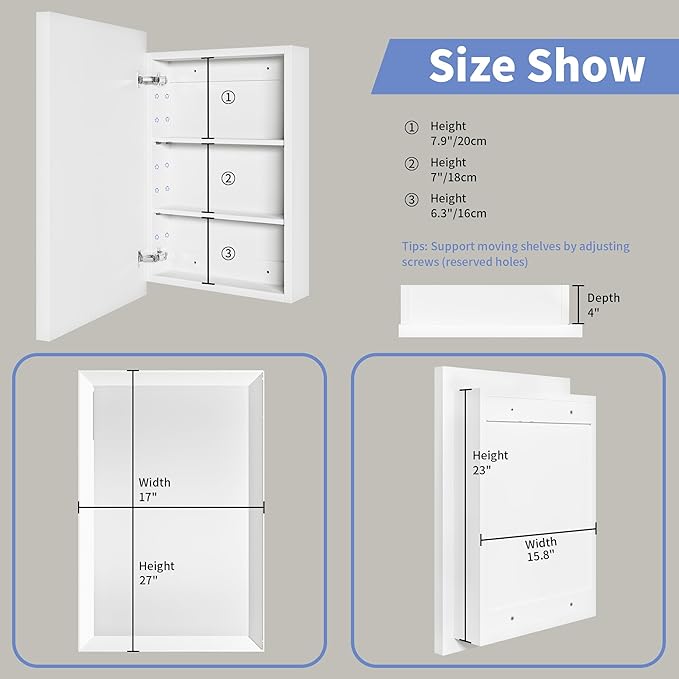 Retro-Style Medicine Cabinet with 17’’x27’’ Solid Wood Mirror Frame, Bathroom Recessed Wall Cabinet, Living Room Wood Storage Cabinet, White