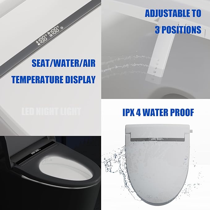 EPPLER Electric Bidet Toilet Seat with Warm Water, Heated Bidet Attachment for Toilet with Dryer, Self Cleaning Elongated Bidet with Remote Control, Gray Temp. Display