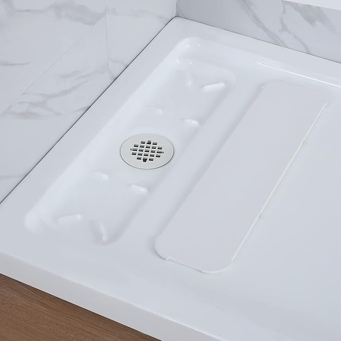 OVE Decors 48-in W x 32-in D Shower Base Pan Rectangle, Hidden Side Drain, White Acrylic, Reversible Design