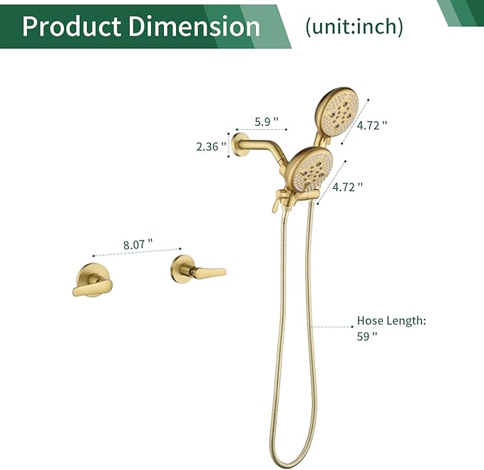 2 Handle Shower Faucet Shower System Complete 2 in 1 Shower Combo Set with Handheld Showerhead Shower Trim Kit Two Handle Shower Fixtures Brushed Gold