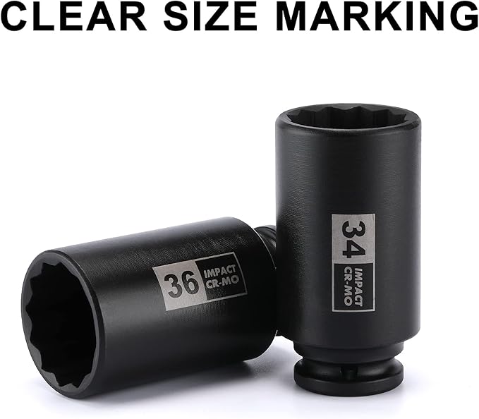 Mayouko 4PCS 1/2" Drive Deep Axle Nut Impact Socket Set, CR-MO, 12 Point Design, Metric, 30,32,34,36mm, 1/2 Inch Extra Deep Impact Socket