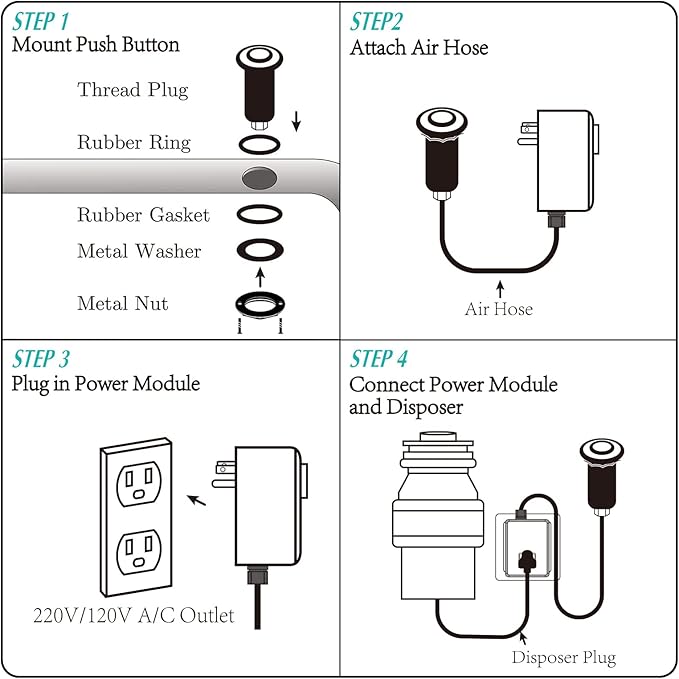 BESTILL Garbage Disposal Air Switch Kit - UL Listed, Brass 3.6" Long Push Button for Waste Disposer, Cordless Sink Top Switch Button, Brushed Nickel, Compatible with all Garbage Disposals
