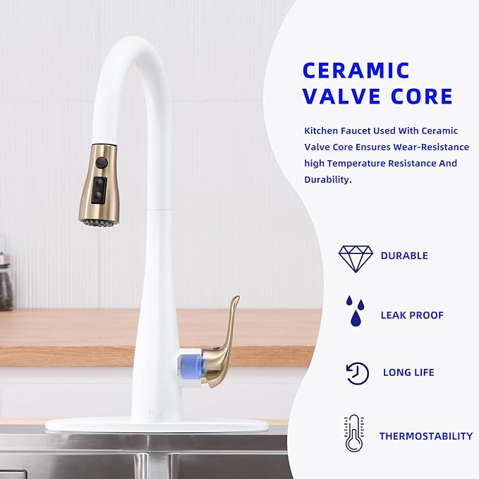 Kitchen Faucet with Soap Dispenser and Pull Down Sprayer - Stainless Steel Single Handle Kitchen Sink Faucet, 1 or 3 Hole Design for Modern Farmhouse Kitchens, Rv, and Bar Sinks (Whit and Gold)