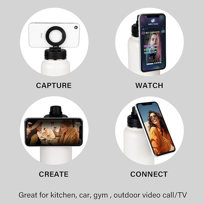 Magnetic Water Bottle with Phone Holder, 32oz Insulated Water Bottle Stainless Steel Travel Water Bottle for Gym, Hot 12H, Cold 24H (Black) (White)