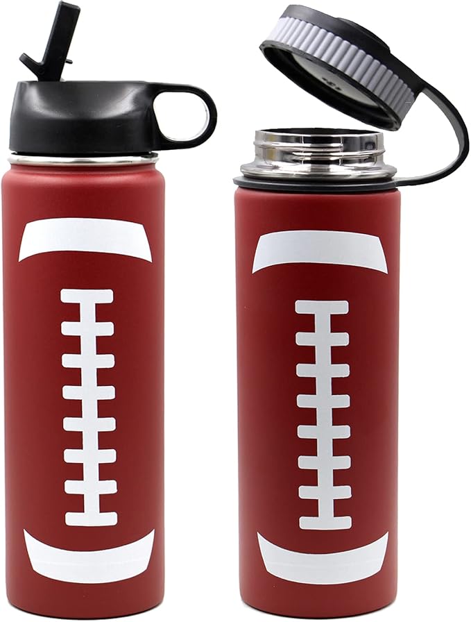 22 oz Football Water Bottle, Flask Sports with 2 Lids Double Wall Vacuum Insulated Stainless Steel Wide Mouth Hot & Cold Thermo Mug (22oz, Football)