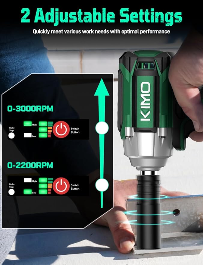 KIMO Impact Wrench 1/2, Max Torque 406ft-lbs (550N.m) & 3000RPM /Premium Brake Stop, 9-Piece Drill & Serewdriver Set, 4 Sockets, Cordless Impact Wrench with 4000mAh Battery, Impact Driver for CarTires