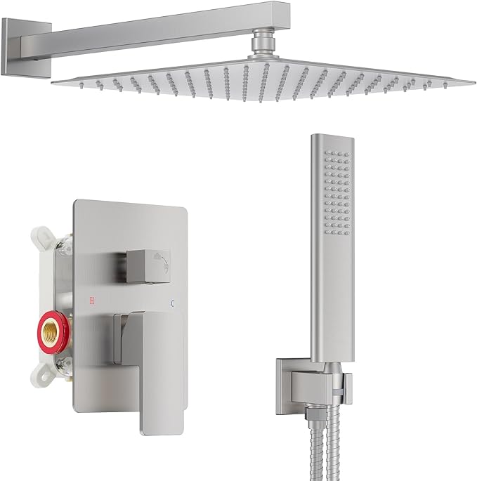 Iriber 12-Inch Rainfall Shower System with Handheld Combo, Brushed Nickel Finish, High Pressure Brass Shower Set