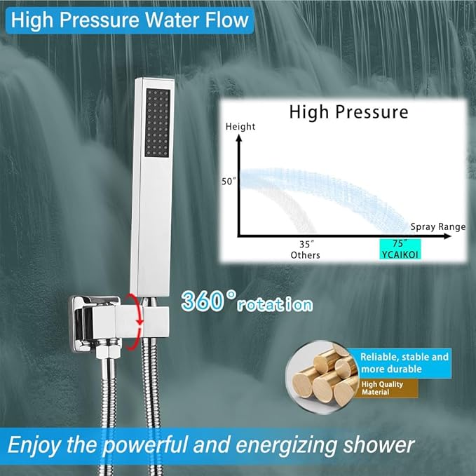 Shower Faucet Set Complete, Wall Mount Shower System for Bathroom 12 Inch High-Pressure Rainfall Shower with Handheld, Rough-in Valve Body and Trim Kit, Polished Chrome