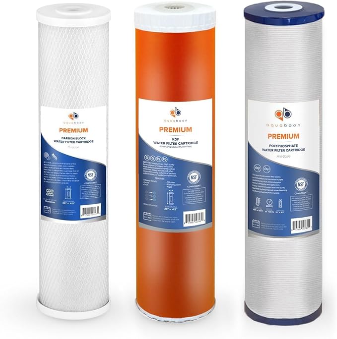 Aquaboon Whole House Water Filter Cartridge Replacement Set | 5 Micron Water Filter 20"x4.5" | Premium Polyphosphate Anti-Scale, KDF, CTO Carbon Water Filter for Water Filtration System