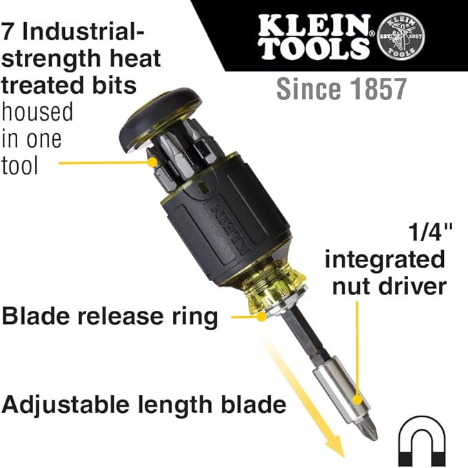 Klein Tools 32308F Impact Driver Set, 10-in-1 Stubby Driver Set, Hex Flip Socket, 7 Bits, 1/4-Inch Deep Bit Holding Feature, 10-Piece