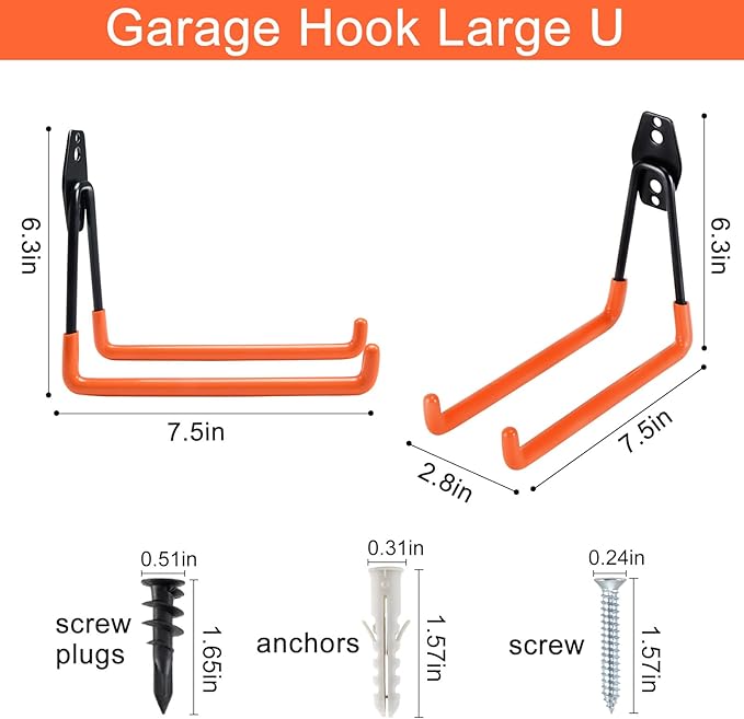 AOBEN Garage Hooks Heavy Duty, Steel Garage Storage Hooks, Utility Tool Hangers and Combinable Wall Mount for Organizing Ladder, Hold Chairs, Heavy Tools (Large U, 4 Pack)
