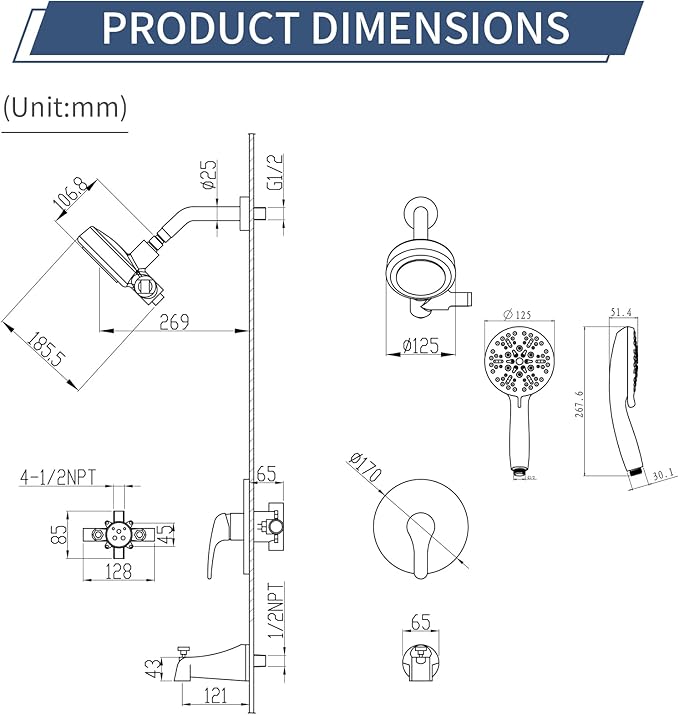 Taplong Tub Shower Faucet Set with Valve,Dual Shower Head and Handheld 2 in 1 Combo Set 3-Way Diverter Tub and Shower Faucet Combo High Pressure Shower Trim Kit,Matte Black,TP038