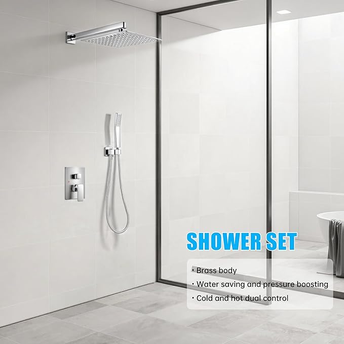 Rainfall Bathroom Shower System, 10-Inch Rain Shower Head and Handle Set, Wall Mounted Dual Shower Combo, All Metal Decorative Shower Luxury Kit Chrome (with Shower Valve)