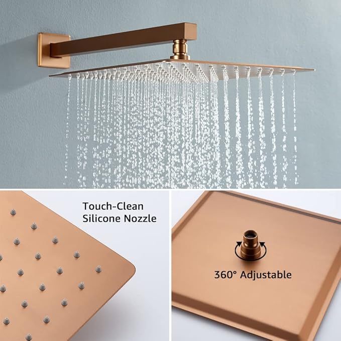 Iriber Brushed Rose Gold Rain Shower System with 12 Inch Shower Head and Handheld Bathroom Wall Mounted Shower Set Contain Shower Faucet Mixer and Trim Kit (Valve Included)