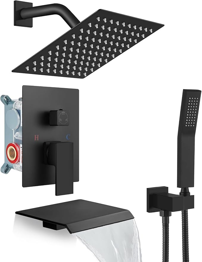 gotonovo Rain Shower Faucet System Set Rainfall Shower Head with Handheld Sprayer Waterfall Tub Spout Wall Mounted Mixer Combo Rough-in Valve and Trim Included 8 Inch Showerhead Matte Black