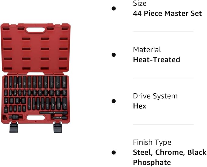 NEIKO 02440A 3/8-Inch-Drive Impact Socket Set, SAE Sizes 5/16" to 3/4" and Metric Sizes 8 mm to 19 mm, Includes Extension Bars and U-Joint, 44 Pieces