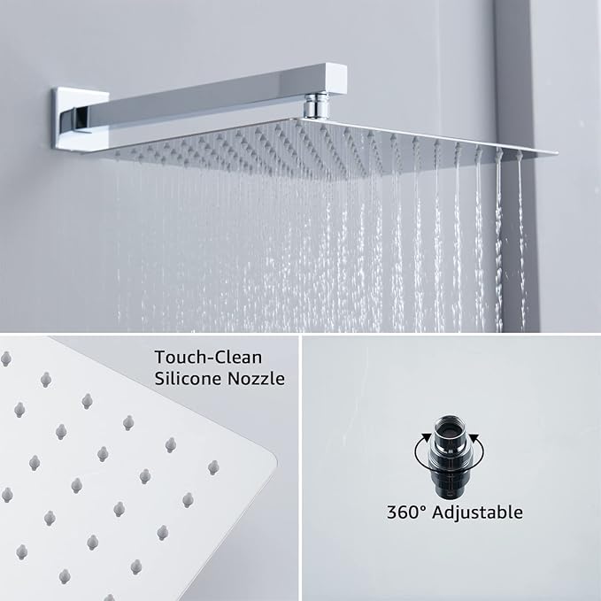 Iriber 12 Inch Bathroom Shower System Polish Chrome Wall Mounted Square Mixer Shower Faucet Combo Set with Hand Held Rough-in Valve Rainfall Shower and Trim