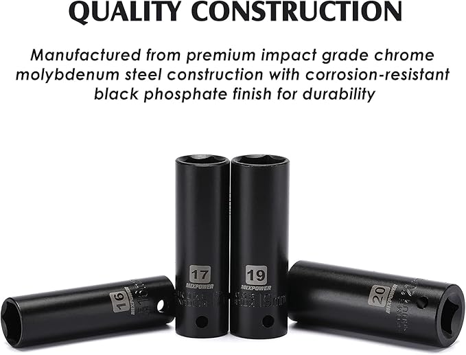 MIXPOWER 1/2-Inch Drive Deep Impact Socket Set, CR-V, Metric Size 10-24mm, 6 Point, Perfect for Home, Mechanic and Repair Project, 19-Piece Sockets Set with Extension Bar and Universal Joints.