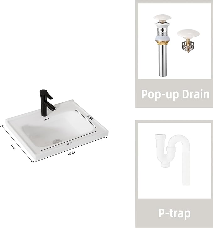 20'' Bathroom Vanity with Ceramic Sink Combo, Wall Mounted Small Bathroom Vanity with Soft-Close Door Modern Floating Cabinet, Pop-up Drain, P-Trap Included, BrownWalnut(No Faucet)